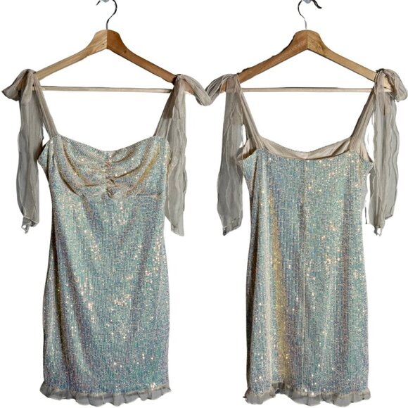 Lucy in the Sky Iridescent Sequin Mini Dress Womens Large Ivory Bow Ruffle Party - Picture 1 of 12